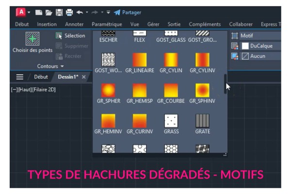 Différents types de motifs et dégradés de hachures autocad