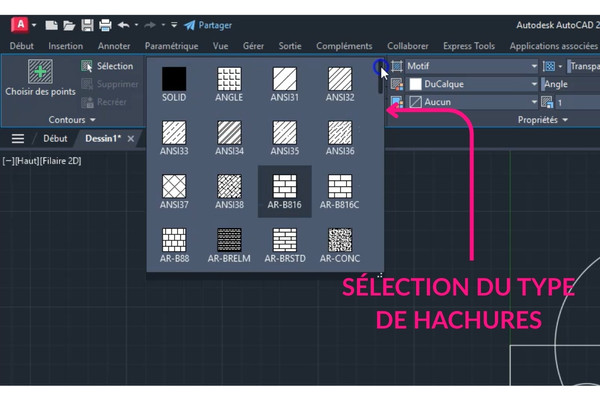 Sélection du type de hachures autocad
