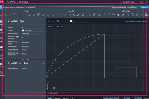 interface du logiciel autocad 2d sur navigateur